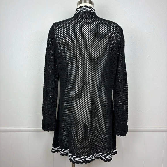 Storybook Knits Vintage Black Cardigan Size L Longline Beaded Floral Open Knit - Picture 11 of 17